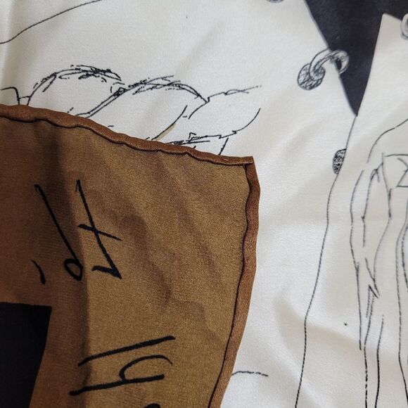 VINTAGE 90s Halston sketches 1997 silk hand rolled edges brown large scarf 32x32 - Picture 9 of 10